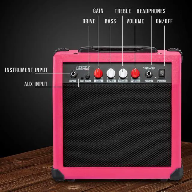 Alt view image 3 of 6 - LyxPro Electric Guitar Amp 20 Watt Amplifier Built In Speaker Headphone Jack And Aux Input Includes Gain Bass Treble Volume And Grind - Pink