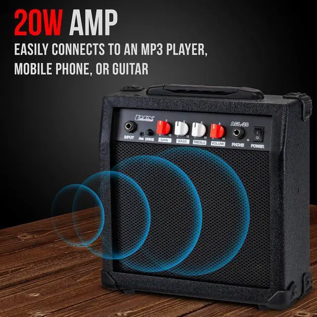 Alt view image 3 of 7 - LyxPro Electric Guitar Amp 20 Watt Amplifier Built In Speaker Headphone Jack And Aux Input Includes Gain Bass Treble Volume And Grind - Black