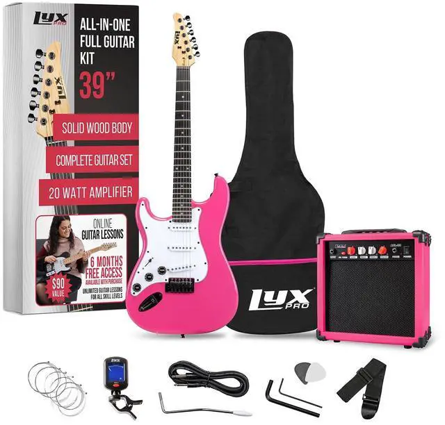 Main image of LyxPro Left Hand 39 Inch Electric Guitar and Starter Kit for Lefty Full Size Beginners Guitar, Amp, Six Strings, Two Picks, Shoulder Strap, Digital Clip On Tuner, Cable and Soft Case - Pink