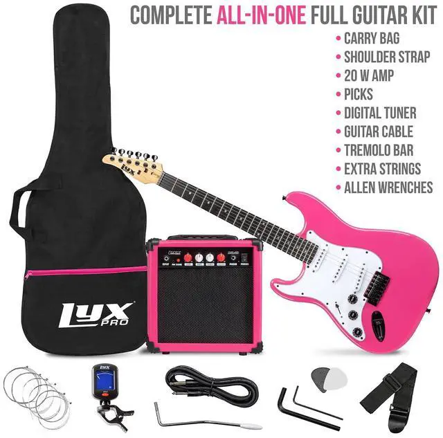 Alt view image 2 of 7 - LyxPro Left Hand 39 Inch Electric Guitar and Starter Kit for Lefty Full Size Beginners Guitar, Amp, Six Strings, Two Picks, Shoulder Strap, Digital Clip On Tuner, Cable and Soft Case - Pink