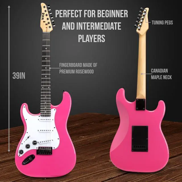 Alt view image 4 of 7 - LyxPro Left Hand 39 Inch Electric Guitar and Starter Kit for Lefty Full Size Beginners Guitar, Amp, Six Strings, Two Picks, Shoulder Strap, Digital Clip On Tuner, Cable and Soft Case - Pink