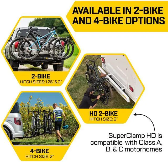 Alt view image 5 of 7 - Saris SuperClamp G3 4-Bike Hitch Rack  Lightweight Platform Bike Carrier for Car, SUV, Truck  Tilting Design, Secure Wheel Clamping, Fits Road, Mountain, E-Bikes  2" Hitch Receiver