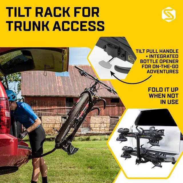 Alt view image 4 of 7 - Saris SuperClamp G3 4-Bike Hitch Rack  Lightweight Platform Bike Carrier for Car, SUV, Truck  Tilting Design, Secure Wheel Clamping, Fits Road, Mountain, E-Bikes  2" Hitch Receiver