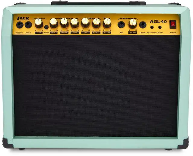 Main image of LyxPro 40 Watt Electric Guitar Amplifier | Solid State Studio Amp with 8 4-Ohm Speaker, Custom EQ Controls, Drive, Delay, ¼ Passive/Active/Microphone Inputs, Aux in & Headphone Jack - Green
