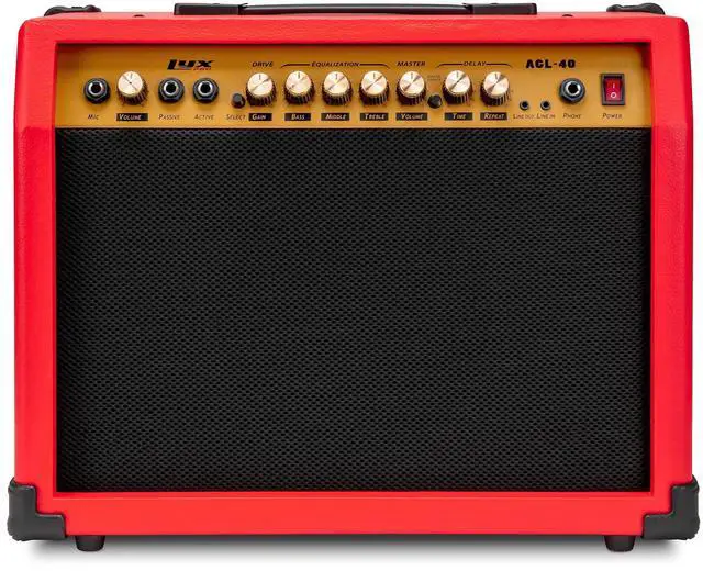 Main image of LyxPro 40 Watt Electric Guitar Amplifier | Combo Solid State Studio Amp with 8 4-Ohm Speaker, Custom EQ Controls, Drive, Delay, ¼ Passive/Active/Microphone Inputs, Aux In & Headphone Jack - Red