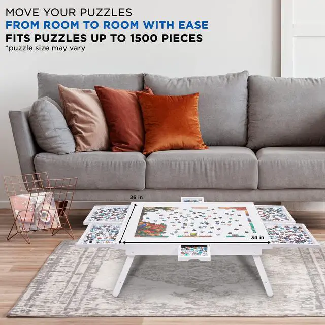 Alt view image 4 of 7 - Jumbl 1500-Piece Puzzle Board w/ Cover | 27 x 35 Jigsaw Puzzle Table w/ 6 Removable Storage & Sorting Drawers | Smooth Plateau Fiberboard Work Surface & Reinforced Hardwood | for Games & Puzzles