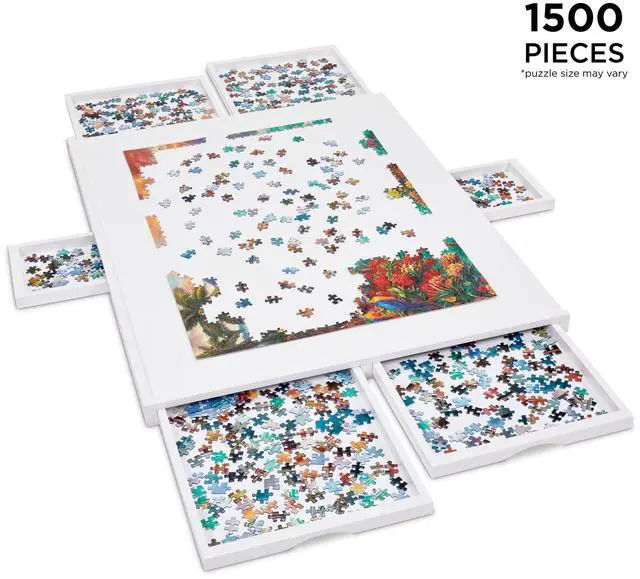 Alt view image 2 of 7 - Jumbl 1500-Piece Puzzle Board w/ Cover | 27 x 35 Jigsaw Puzzle Table w/ 6 Removable Storage & Sorting Drawers | Smooth Plateau Fiberboard Work Surface & Reinforced Hardwood | for Games & Puzzles