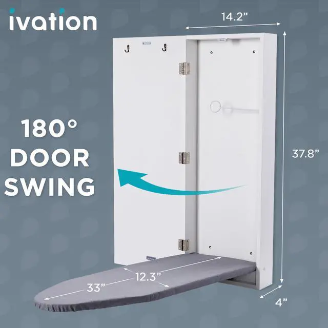 Alt view image 2 of 7 - Ivation Wall-Mounted Ironing Board Cabinet, Foldable Ironing Storage Station for Home, Apartment , Easy-Release Lever, Garment Hooks, White