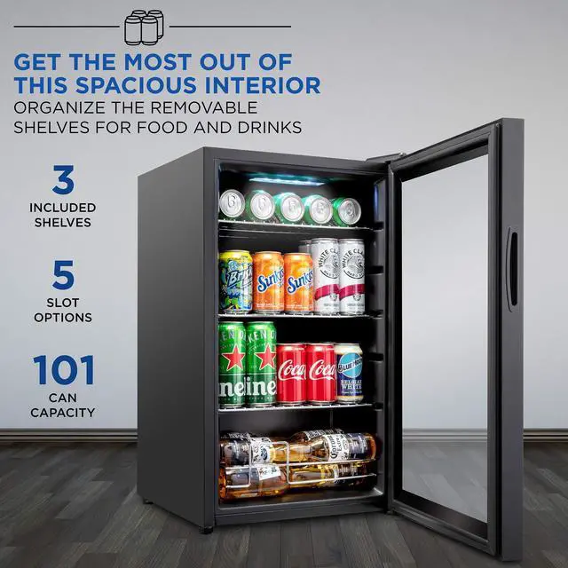 Alt view image 3 of 6 - Ivation 101 Can Beverage Refrigerator | Freestanding Ultra Cool Mini Drink Fridge | Beer, Cocktails, Soda, Juice Cooler for Home & Office | Reversible Glass Door & Adjustable Shelving - Black