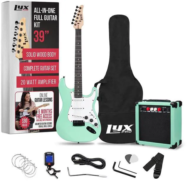 Main image of LyxPro 39 inch Electric Guitar Kit Bundle with 20w Amplifier, All Accessories, Digital Clip On Tuner, Six Strings, Two Picks, Tremolo Bar, Shoulder Strap, Case Bag Starter kit Full Size - Green