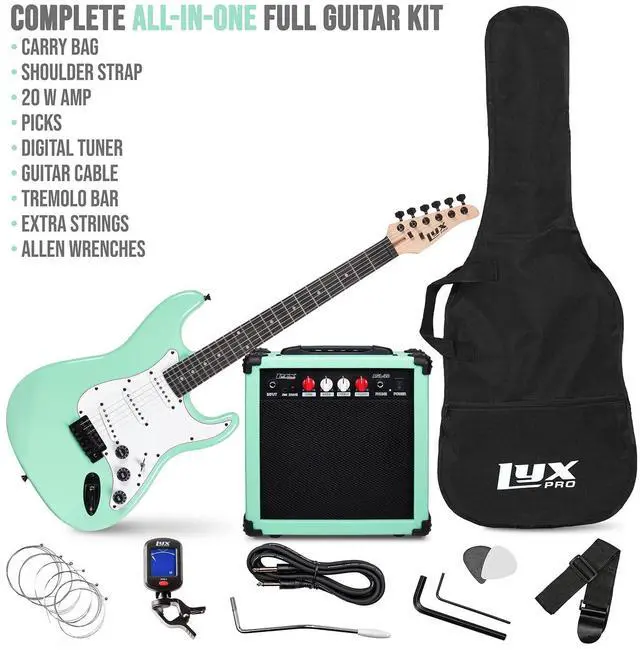 Alt view image 2 of 7 - LyxPro 39 inch Electric Guitar Kit Bundle with 20w Amplifier, All Accessories, Digital Clip On Tuner, Six Strings, Two Picks, Tremolo Bar, Shoulder Strap, Case Bag Starter kit Full Size - Green