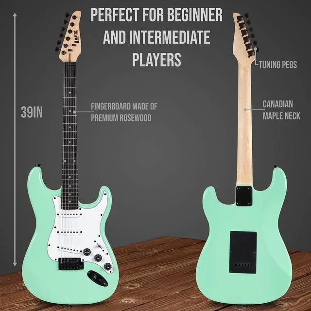 Alt view image 3 of 7 - LyxPro 39 inch Electric Guitar Kit Bundle with 20w Amplifier, All Accessories, Digital Clip On Tuner, Six Strings, Two Picks, Tremolo Bar, Shoulder Strap, Case Bag Starter kit Full Size - Green