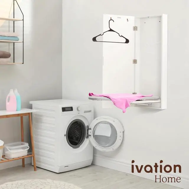 Alt view image 7 of 7 - Ivation Wall-Mounted Ironing Board Cabinet, Foldable Ironing Storage Station for Home, Apartment , Easy-Release Lever, Garment Hooks, White