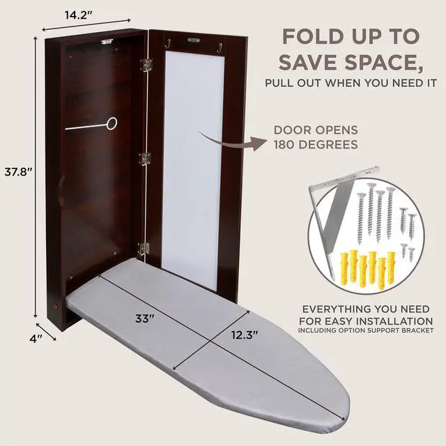 Alt view image 2 of 6 - Ivation Wall-Mounted Ironing Board Cabinet, Foldable Ironing Storage Station for Home, Apartment & Small Spaces, Easy-Release Lever, With Miror Door, Walnut color
