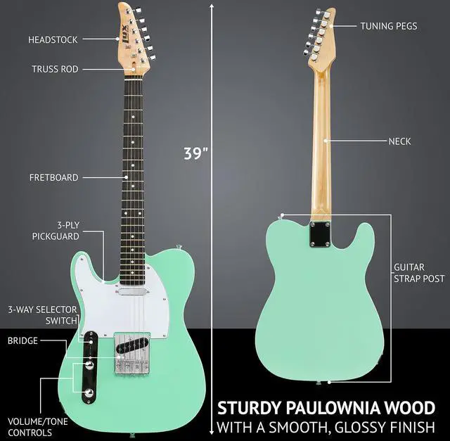 Alt view image 7 of 7 - LyxPro 39 Electric Guitar Left Hand TL Series, Full-Size Paulownia Wood Body, 3-Ply Pickguard, C-Shape Neck, Ashtray Bridge, Quality Gear Tuners, 3-Way Switch & Volume/Tone Controls, 2 Picks, Green