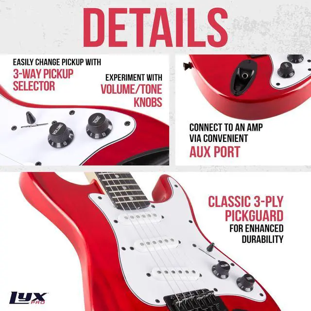 Alt view image 3 of 7 - LyxPro CS 30 Electric Guitar Kit for Beginner, Intermediate & Pro Players with Guitar, Amp Cable, 6 Picks & Learners Guide | Solid Wood Body, Volume/Tone Controls, 5-Way Pickup - Red