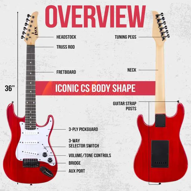 Alt view image 6 of 7 - LyxPro CS 30 Electric Guitar Kit for Beginner, Intermediate & Pro Players with Guitar, Amp Cable, 6 Picks & Learners Guide | Solid Wood Body, Volume/Tone Controls, 5-Way Pickup - Red