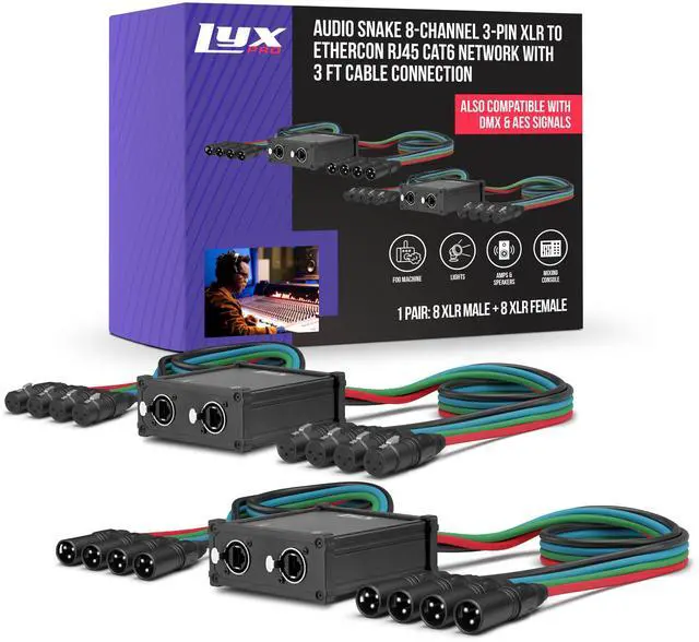Main image of Pair of LyxPro Audio Snake 8 Channel XLR 3 Pin Multi Network Breakout for Stage Sound Lighting And Recording Studio XLR to RJ45 Ethercon With 3 Feet Cable Connection