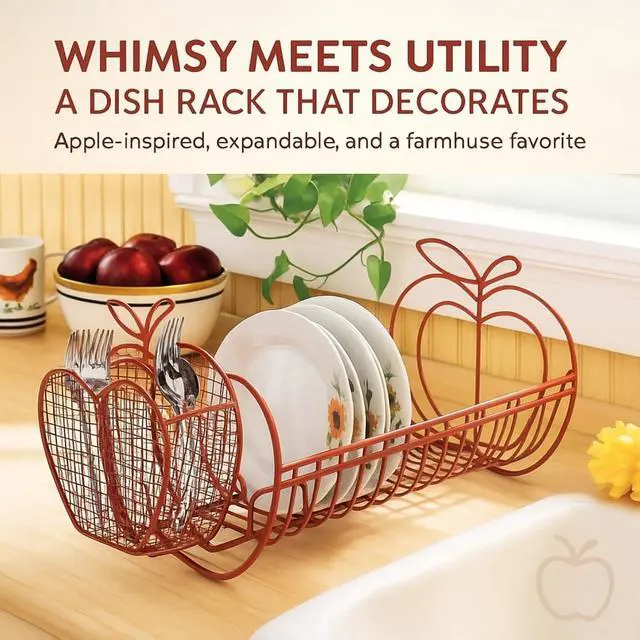 Alt view image 2 of 7 - Jumbl Expandable Dish Drying Rack  Apple Decor Metal Dish Drainer with Utensil Holder, Adjustable 14"27", Rust-Proof Countertop Dish Strainer for Kitchen Sink, RV, or Outdoor Use