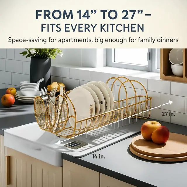 Alt view image 3 of 7 - Jumbl Expandable Dish Drying Rack  Apple Decor Metal Dish Drainer with Utensil Holder, Adjustable 14"27", Rust-Proof Countertop Dish Strainer for Kitchen Sink, RV, or Outdoor Use