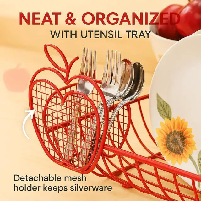 Alt view image 5 of 7 - Jumbl Expandable Dish Drying Rack  Apple Decor Metal Dish Drainer with Utensil Holder, Adjustable 14"27", Rust-Proof Countertop Dish Strainer for Kitchen Sink, RV, or Outdoor Use