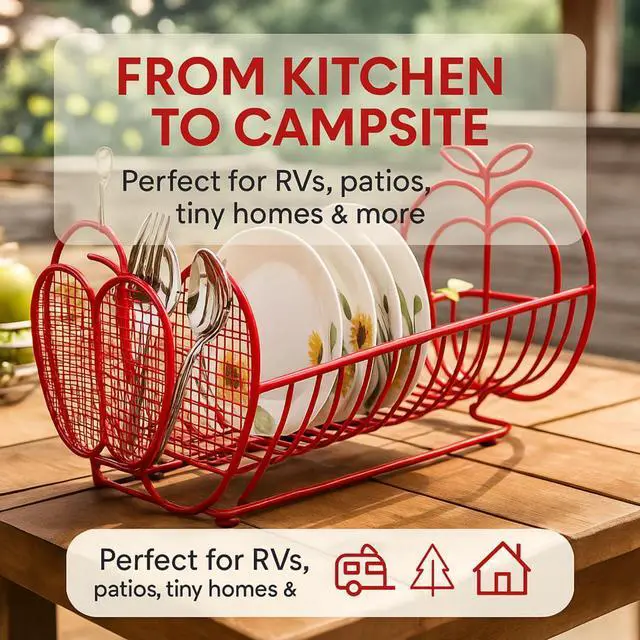 Alt view image 6 of 7 - Jumbl Expandable Dish Drying Rack  Apple Decor Metal Dish Drainer with Utensil Holder, Adjustable 14"27", Rust-Proof Countertop Dish Strainer for Kitchen Sink, RV, or Outdoor Use