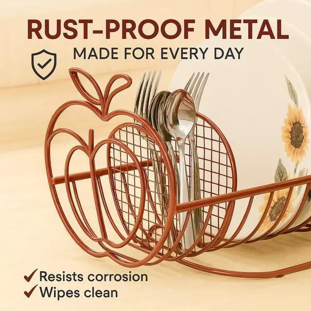 Alt view image 4 of 7 - Jumbl Expandable Dish Drying Rack  Apple Decor Metal Dish Drainer with Utensil Holder, Adjustable 14"27", Rust-Proof Countertop Dish Strainer for Kitchen Sink, RV, or Outdoor Use