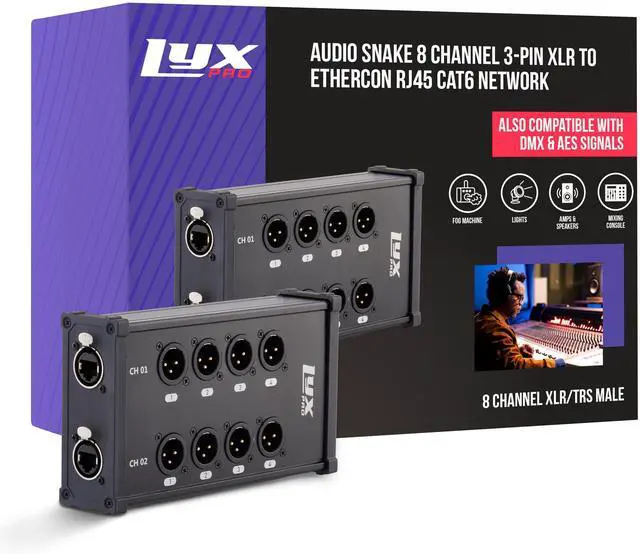 Main image of LyxPro 8-Channel Dual Input 3-Pin Multi-Network XLR Cable Breakout for Stage Sound, Lighting, and Recording Studio - Male to RJ45 Ethercon  Ideal for Sound, Lighting Setup, Ground Lift