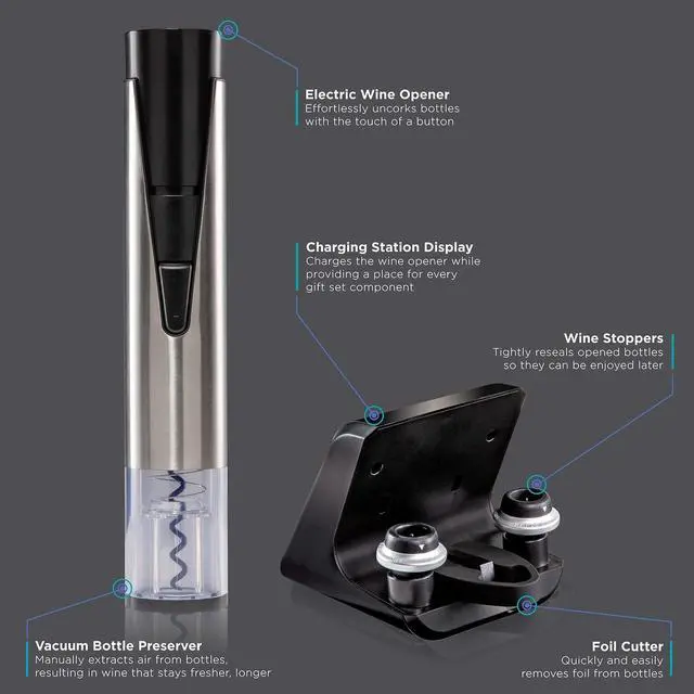 Alt view image 3 of 7 - Ivation Wine Gift Set, Includes Electric Wine Bottle Opener, Vacuum Wine Preserver, 2 Bottle Stoppers, Foil Cutter & Charging Base