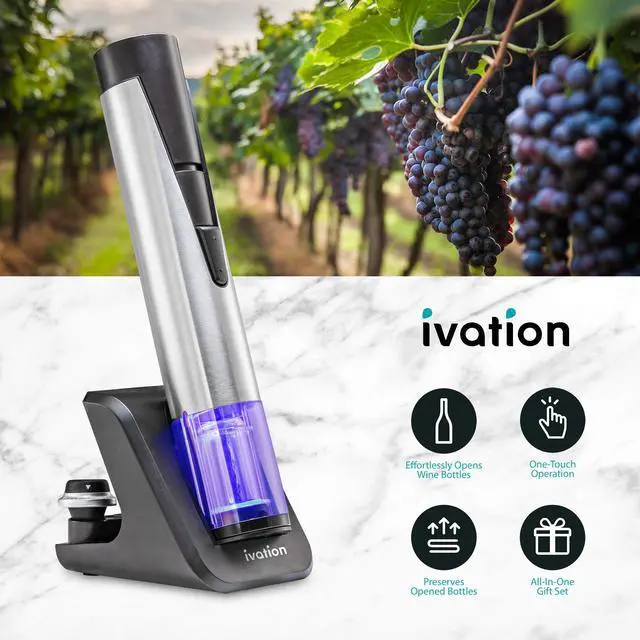 Alt view image 2 of 7 - Ivation Wine Gift Set, Includes Electric Wine Bottle Opener, Vacuum Wine Preserver, 2 Bottle Stoppers, Foil Cutter & Charging Base