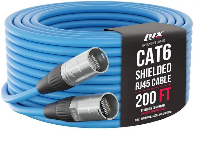 Main image of LyxPro 200 Feet Shielded CAT6 Ethercon Cable - Professional Audio & Lighting RJ45 Cable, Studio-Grade Sound Transmission, Extreme Durability - Blue