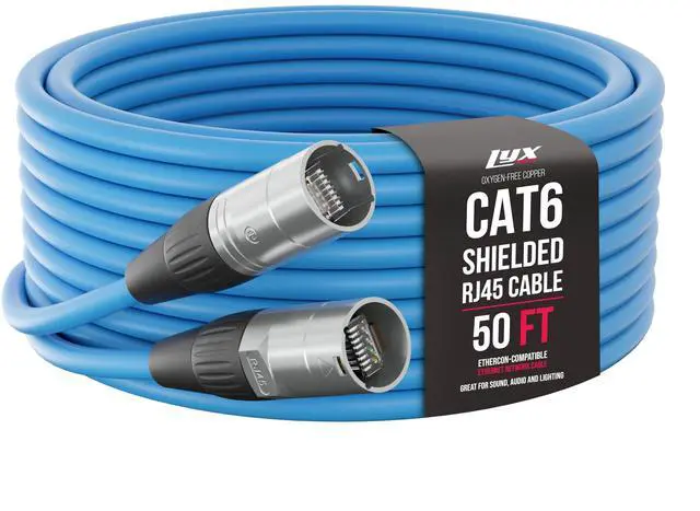 Main image of LyxPro 50 Feet Shielded CAT6 Ethercon Cable - Professional Audio & Lighting RJ45 Cable, Studio-Grade Sound Transmission, Extreme Durability - Blue