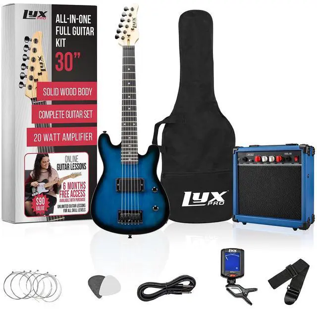 Main image of LyxPro 30 Inch Electric Guitar and Starter Kit for Kids with 3/4 Size Beginners Guitar, Amp, Six Strings, Two Picks, Shoulder Strap, Digital Clip On Tuner, Guitar Cable and Soft Case Gig Bag - Blue