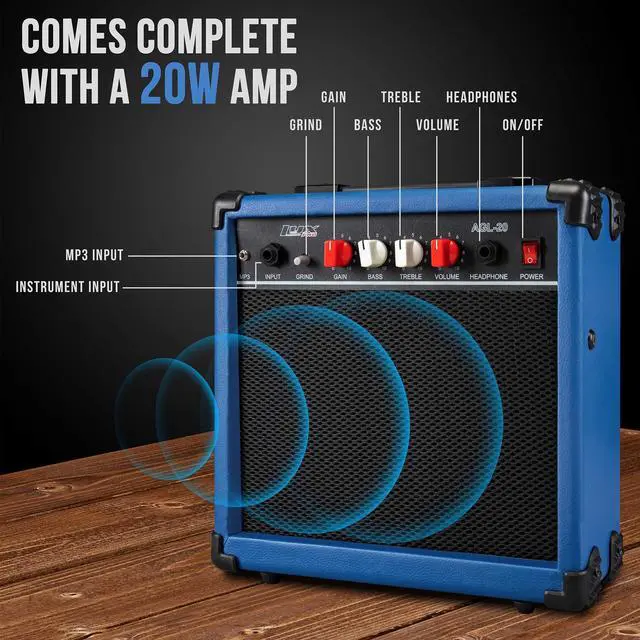 Alt view image 6 of 7 - LyxPro 30 Inch Electric Guitar and Starter Kit for Kids with 3/4 Size Beginners Guitar, Amp, Six Strings, Two Picks, Shoulder Strap, Digital Clip On Tuner, Guitar Cable and Soft Case Gig Bag - Blue