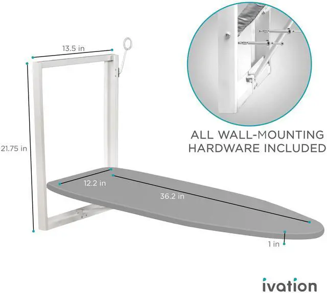 Alt view image 7 of 7 - Ivation Wall-Mounted Ironing Board | Foldable 36.2 x 12.2 Sturdy Ironing Station for Home & Apartments, Easy-Release Lever, Removable Cotton Cover, Includes Mounting Hardware With Iron Holder