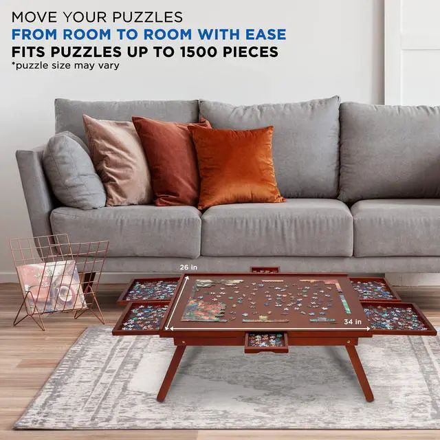 Alt view image 5 of 7 - Jumbl 1500-Piece Puzzle Board Rack w/ Cover | 27 x 35 Jigsaw Puzzle Table w/ Legs 6 Removable Storage Sorting Drawers | Smooth Plateau Fiberboard Work Surface & Reinforced Hardwood | Games & Puzzles