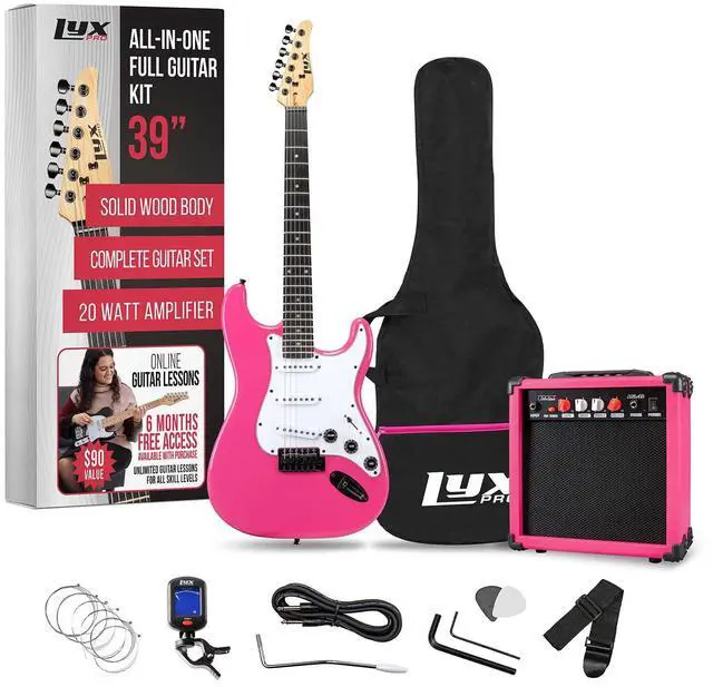 Main image of LyxPro 39" inch Full Size Electric Guitar with 20w Amp, Package Includes All Accessories, Digital Tuner, Strings, Picks, Tremolo Bar, Shoulder Strap, and Case Bag Complete Beginner Starter kit - Pink