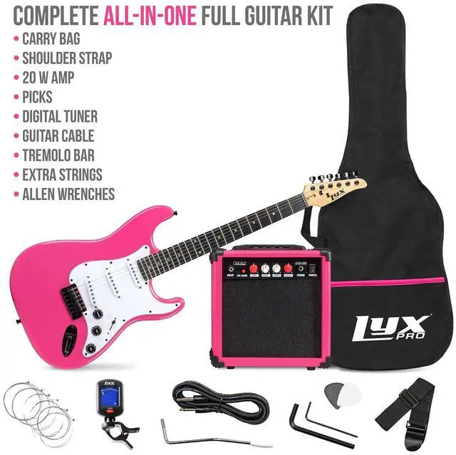 Alt view image 2 of 7 - LyxPro 39" inch Full Size Electric Guitar with 20w Amp, Package Includes All Accessories, Digital Tuner, Strings, Picks, Tremolo Bar, Shoulder Strap, and Case Bag Complete Beginner Starter kit - Pink