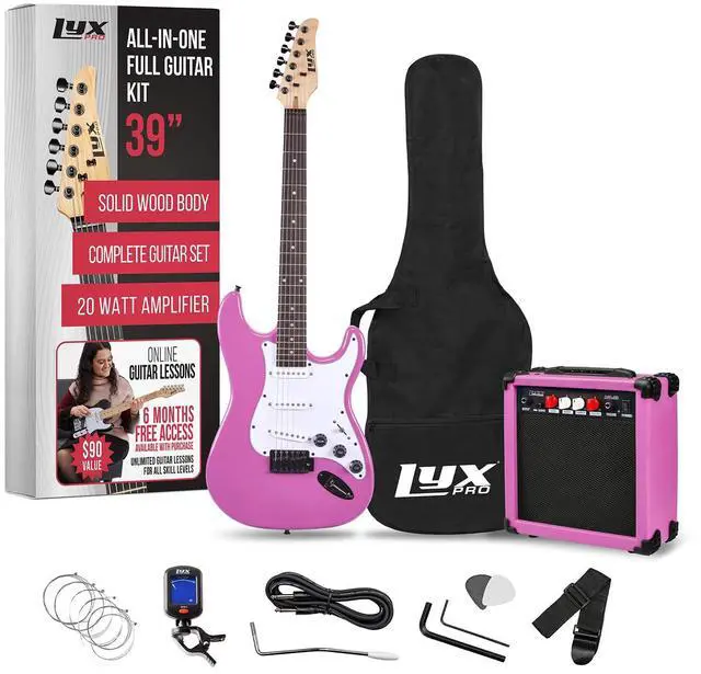 Main image of LyxPro 39 inch Electric Guitar Kit Bundle with 20w Amplifier, All Accessories, Digital Clip On Tuner, Six Strings, Two Picks, Tremolo Bar, Shoulder Strap, Case Bag Starter kit Full Size - Retro Purple