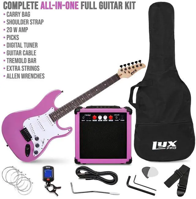 Alt view image 2 of 7 - LyxPro 39 inch Electric Guitar Kit Bundle with 20w Amplifier, All Accessories, Digital Clip On Tuner, Six Strings, Two Picks, Tremolo Bar, Shoulder Strap, Case Bag Starter kit Full Size - Retro Purple