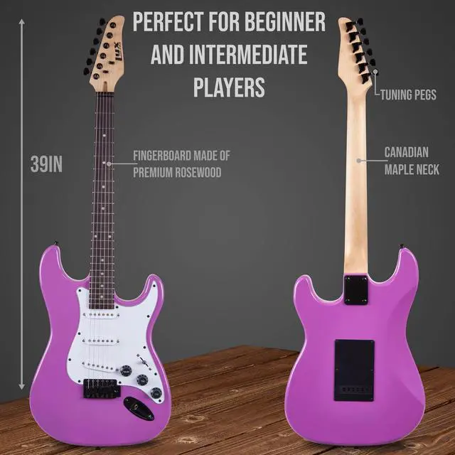 Alt view image 3 of 7 - LyxPro 39 inch Electric Guitar Kit Bundle with 20w Amplifier, All Accessories, Digital Clip On Tuner, Six Strings, Two Picks, Tremolo Bar, Shoulder Strap, Case Bag Starter kit Full Size - Retro Purple