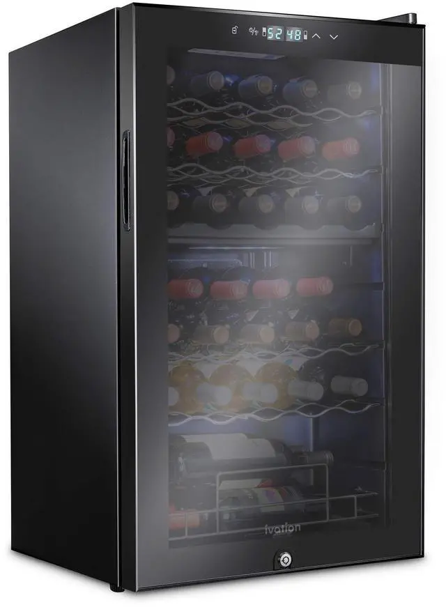 Alt view image 2 of 8 - Ivation 33 Bottle Dual Zone Wine Cooler Refrigerator w/Lock | Large Freestanding Wine Cellar For Red, White, Champagne & Sparkling Wine | 41f-64f Digital Temperature Control Fridge Glass Door Black