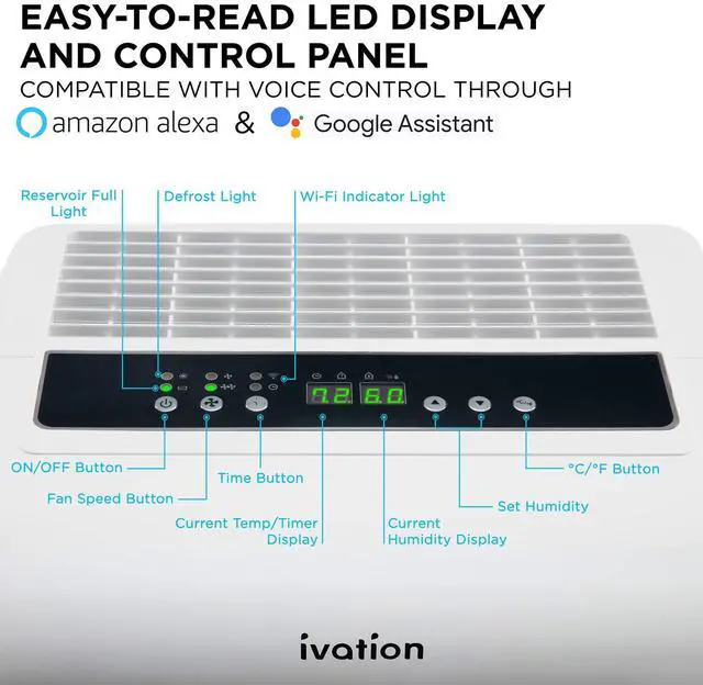 Alt view image 5 of 7 - Ivation 4,500 Sq Ft Smart Wi-Fi Energy Star Dehumidifier with App, Continuous Drain Hose Connector, Programmable Humidity, 2.25 Gal Reservoir for Medium and Large Rooms (4,500 Sq Ft)