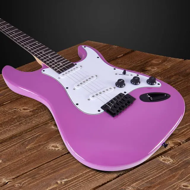 Alt view image 5 of 7 - LyxPro 39 inch Electric Guitar Kit Bundle with 20w Amplifier, All Accessories, Digital Clip On Tuner, Six Strings, Two Picks, Tremolo Bar, Shoulder Strap, Case Bag Starter kit Full Size - Retro Purple