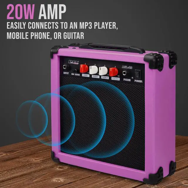 Alt view image 4 of 7 - LyxPro 39 inch Electric Guitar Kit Bundle with 20w Amplifier, All Accessories, Digital Clip On Tuner, Six Strings, Two Picks, Tremolo Bar, Shoulder Strap, Case Bag Starter kit Full Size - Retro Purple