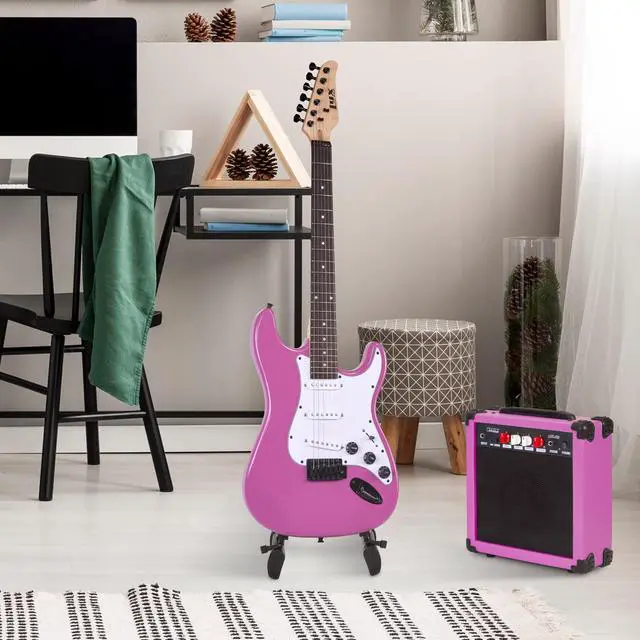 Alt view image 7 of 7 - LyxPro 39 inch Electric Guitar Kit Bundle with 20w Amplifier, All Accessories, Digital Clip On Tuner, Six Strings, Two Picks, Tremolo Bar, Shoulder Strap, Case Bag Starter kit Full Size - Retro Purple