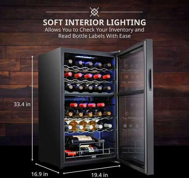Alt view image 4 of 8 - Ivation 33 Bottle Dual Zone Wine Cooler Refrigerator w/Lock | Large Freestanding Wine Cellar For Red, White, Champagne & Sparkling Wine | 41f-64f Digital Temperature Control Fridge Glass Door Black