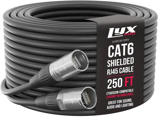 Main image of LyxPro 250 Feet Shielded CAT6 Ethercon Cable - Professional Audio & Lighting RJ45 Cable, Studio-Grade Sound Transmission, Extreme Durability - Black