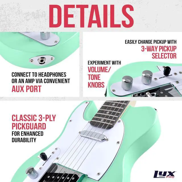 Alt view image 3 of 7 - LyxPro 30 Electric Guitar Left Hand TL Series, Full-Size Paulownia Wood Body, 3-Ply Pickguard, C-Shape Neck, Ashtray Bridge, Quality Gear Tuners, 3-Way Switch & Volume/Tone Controls, 2 Picks, Green