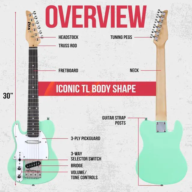 Alt view image 7 of 7 - LyxPro 30 Electric Guitar Left Hand TL Series, Full-Size Paulownia Wood Body, 3-Ply Pickguard, C-Shape Neck, Ashtray Bridge, Quality Gear Tuners, 3-Way Switch & Volume/Tone Controls, 2 Picks, Green